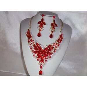 Red necklace set, red rhinestone necklace, statement wedding red jewelry set
